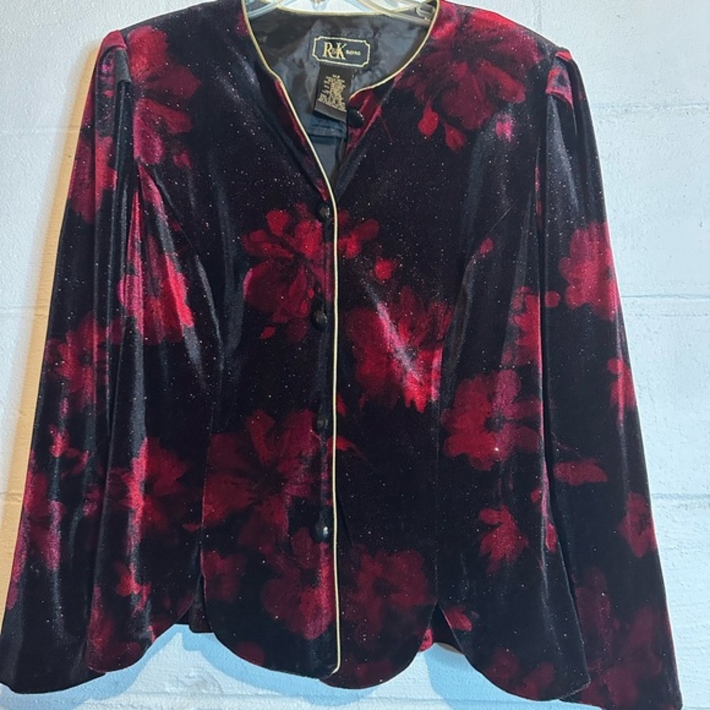 R&K evening jacket. Vintage has shoulder pads. Velour feel. Shiny w/gold accents
